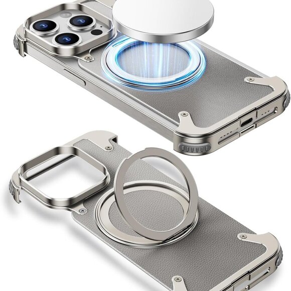 Ogranee Other - Natural Titanium Frameless for iPhone 15 Pro Leather Case with Magsafe Kickstand